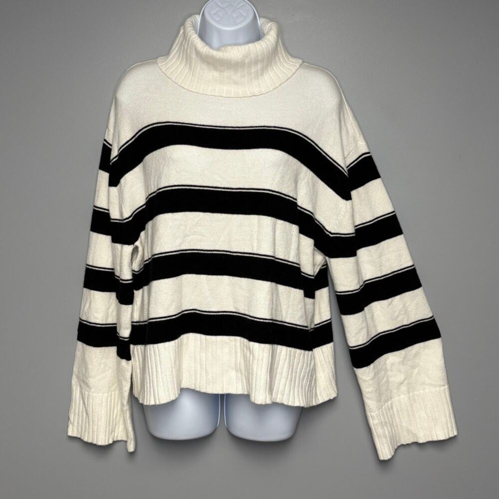 Laundry Black White Stripe Cozy Wide Sleeve Turtleneck Sweater Womens Sz‎ L